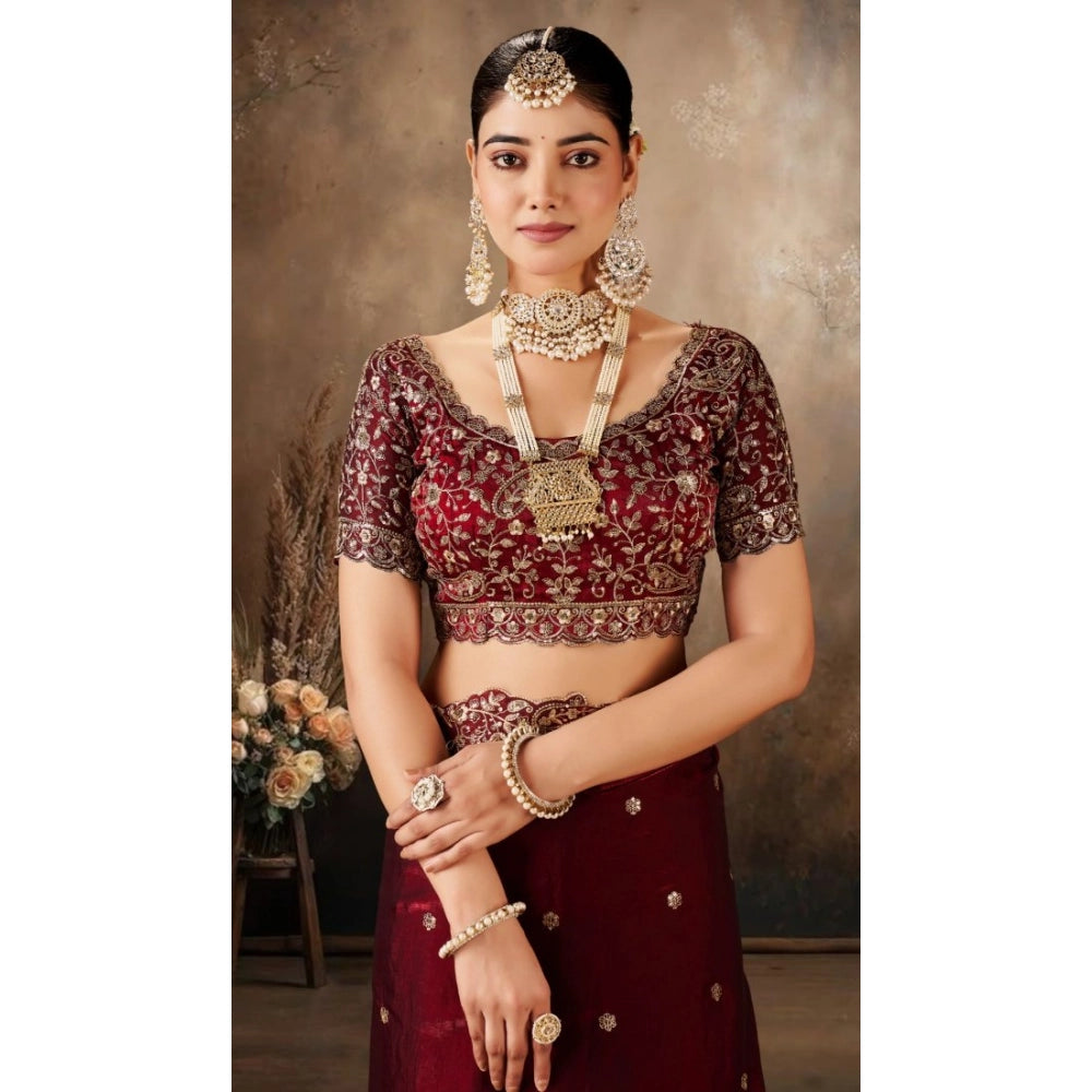 Women's Silk Embroidered Saree With Unstitched Blouse 5.5 Mtr (Maroon)