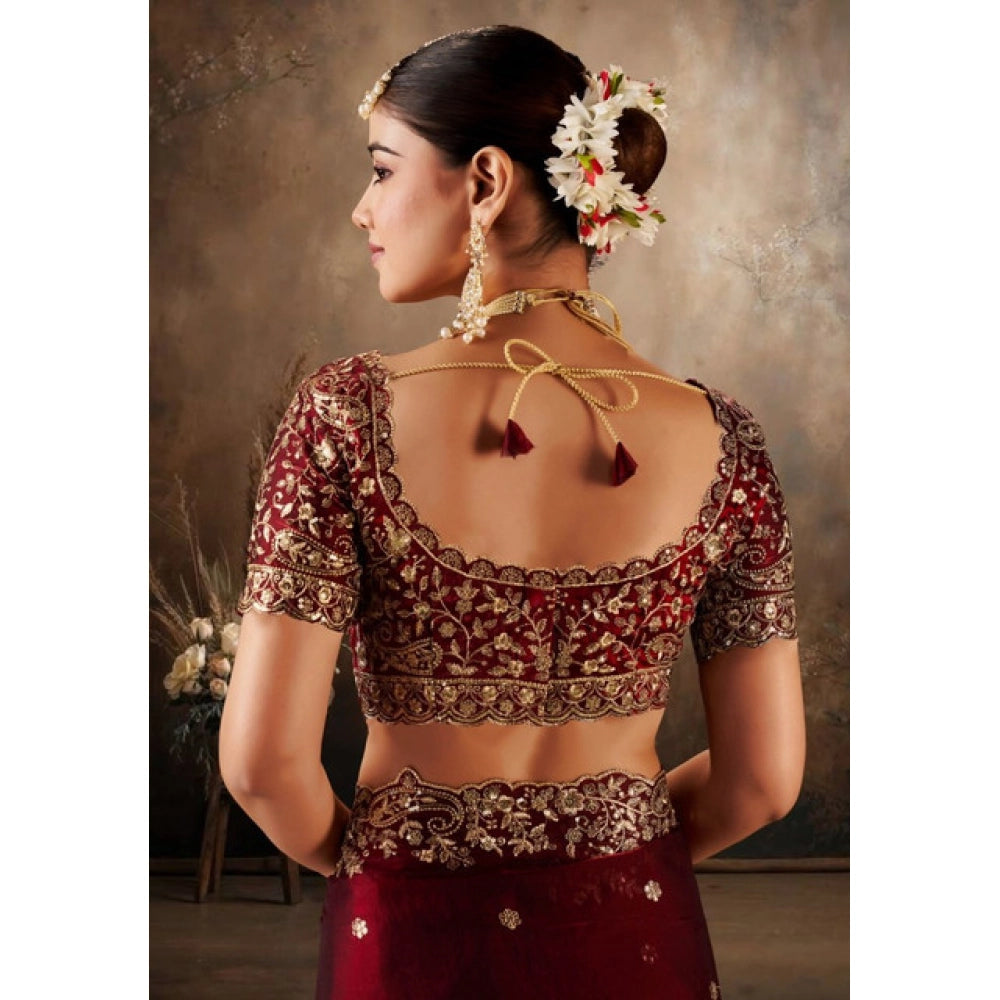 Women's Silk Embroidered Saree With Unstitched Blouse 5.5 Mtr (Maroon)