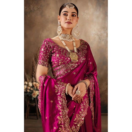 Women's Silk Embroidered Saree With Unstitched Blouse 5.5m (Pink)