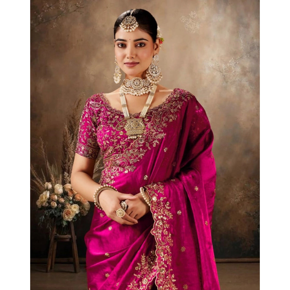 Women's Silk Embroidered Saree With Unstitched Blouse 5.5 Mtr (Pink)