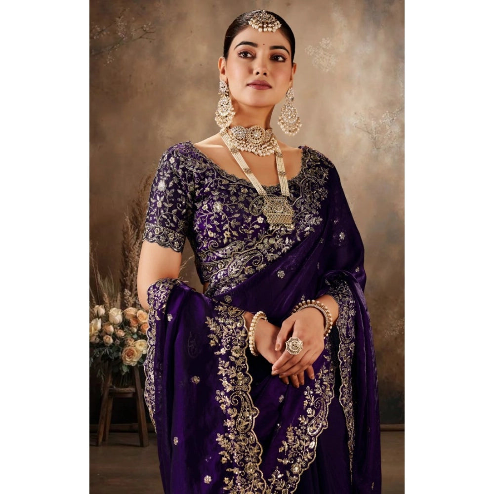 Women's Silk Embroidered Saree With Unstitched Blouse 5.5 Mtr (Purple)