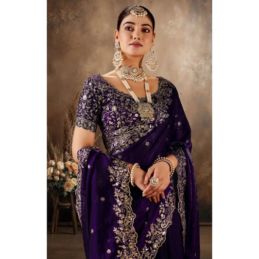 Women's Silk Embroidered Saree With Unstitched Blouse 5.5m (Purple)