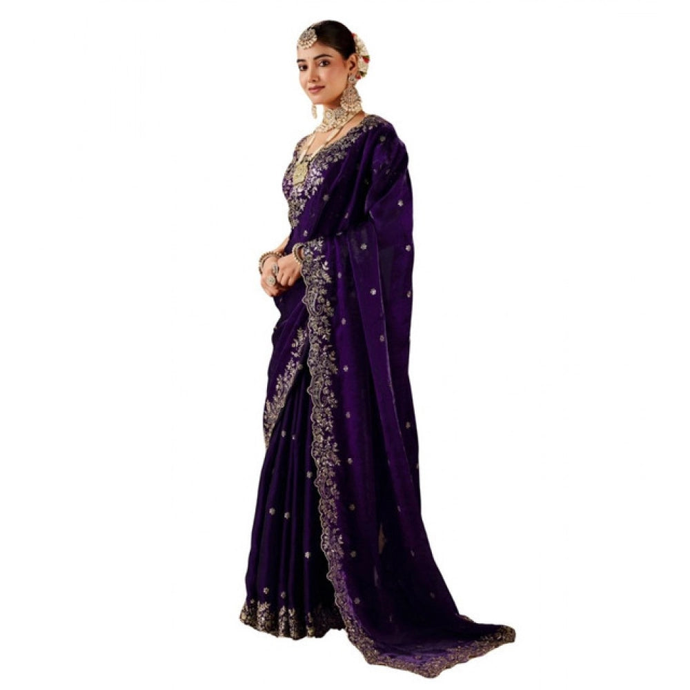 Women's Silk Embroidered Saree With Unstitched Blouse 5.5 Mtr (Purple)