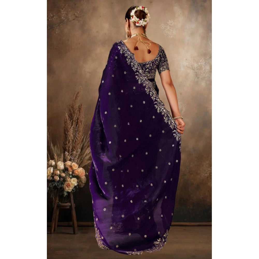 Women's Silk Embroidered Saree With Unstitched Blouse 5.5 Mtr (Purple)