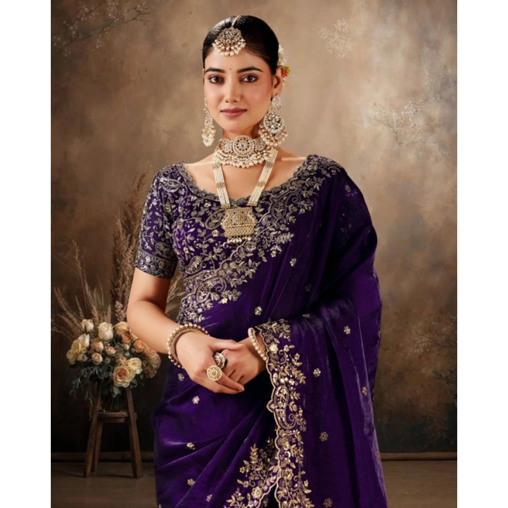 Women's Silk Embroidered Saree With Unstitched Blouse 5.5 Mtr (Purple)