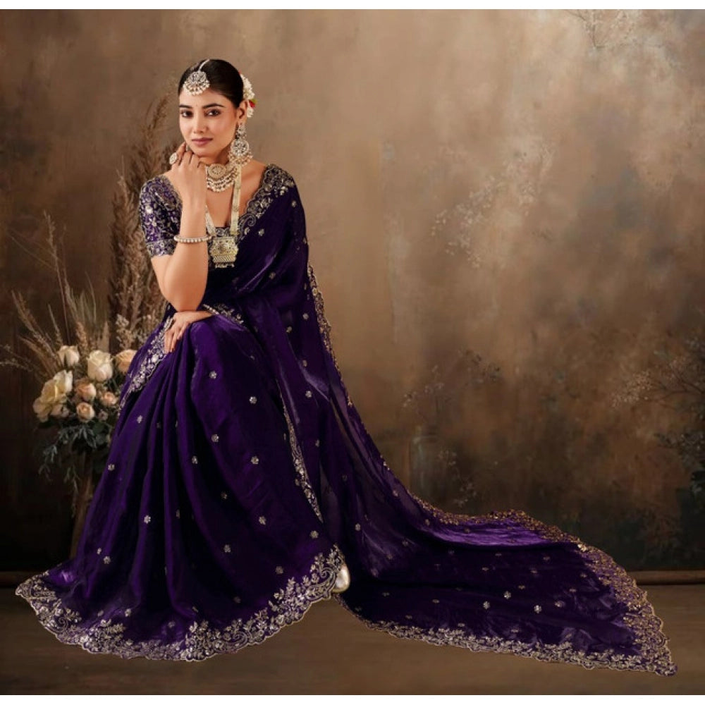 Women's Silk Embroidered Saree With Unstitched Blouse 5.5 Mtr (Purple)