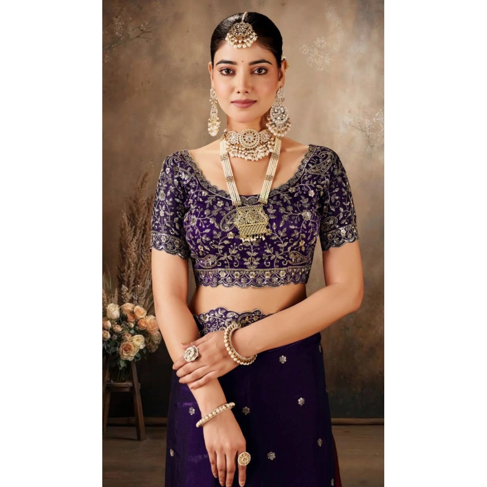 Women's Silk Embroidered Saree With Unstitched Blouse 5.5 Mtr (Purple)