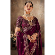 Women's Silk Embroidered Saree With Unstitched Blouse 5.5 Mtr (Wine)