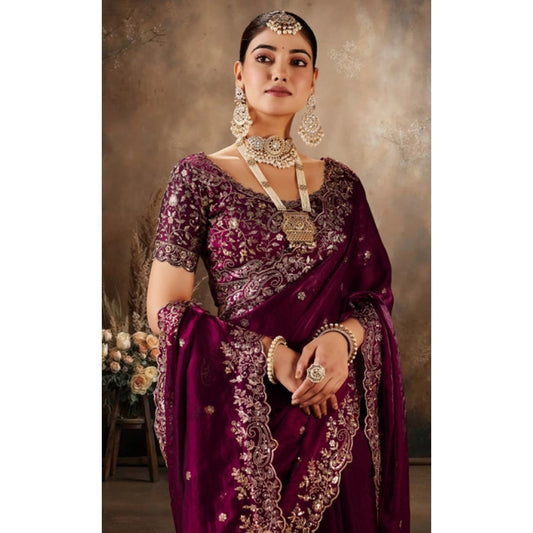 Women's Silk Embroidered Saree With Unstitched Blouse 5.5m (Wine)