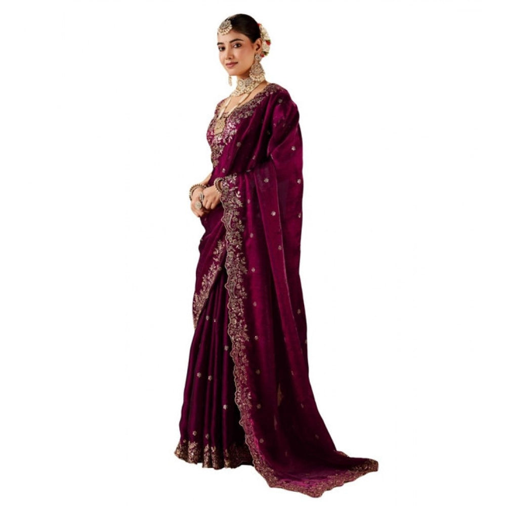 Women's Silk Embroidered Saree With Unstitched Blouse 5.5 Mtr (Wine)