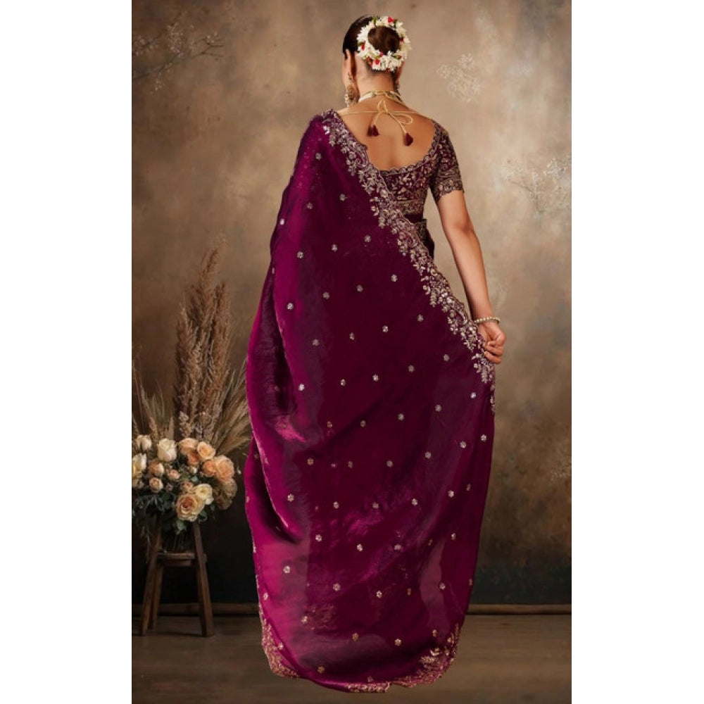 Women's Silk Embroidered Saree With Unstitched Blouse 5.5 Mtr (Wine)