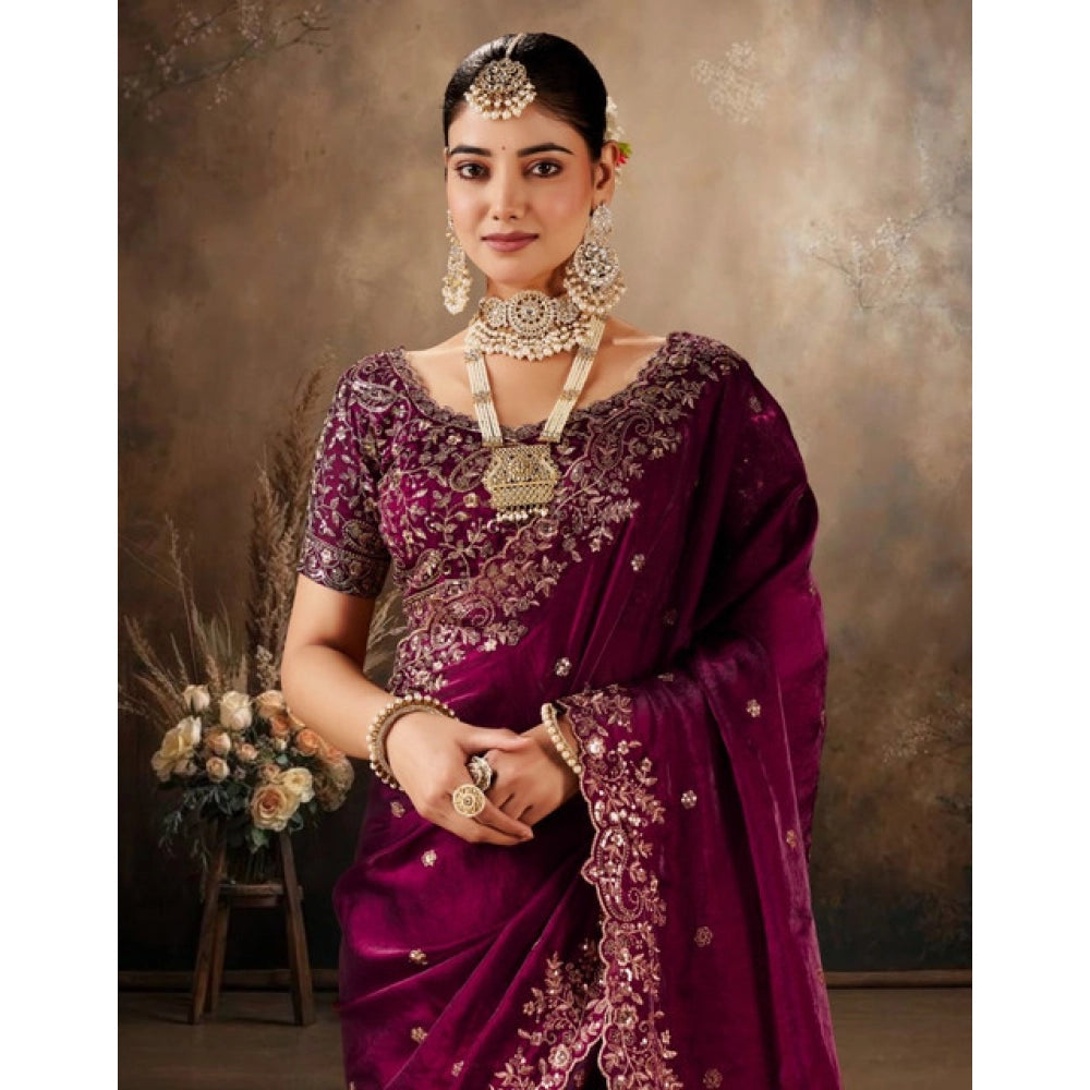 Women's Silk Embroidered Saree With Unstitched Blouse 5.5 Mtr (Wine)