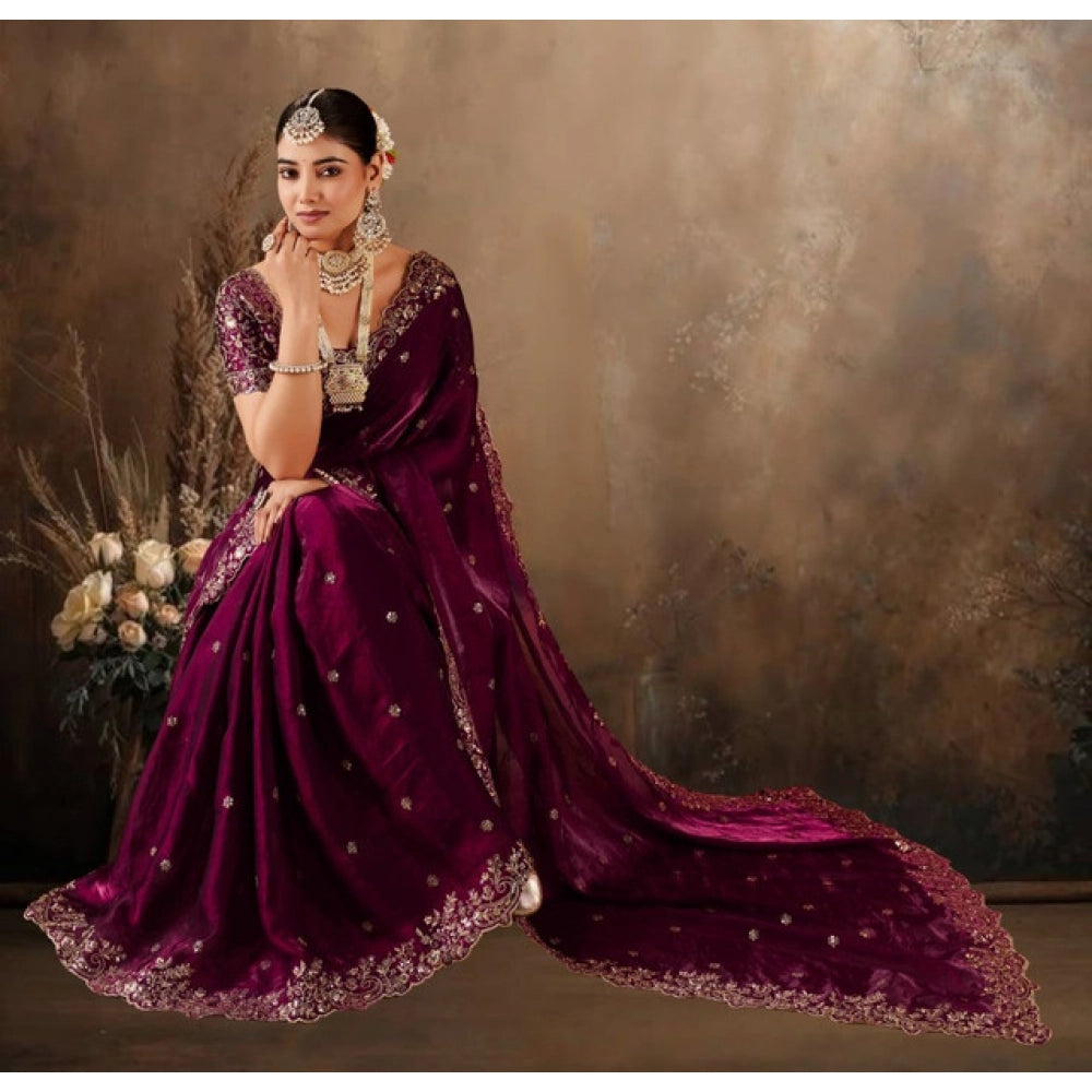 Women's Silk Embroidered Saree With Unstitched Blouse 5.5 Mtr (Wine)
