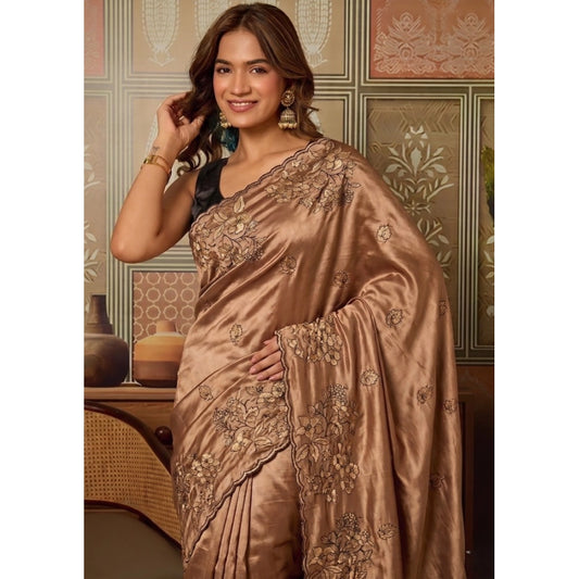 Women's Viscose Silk Embroidered Saree With Unstitched Blouse 5.5m (Brown)