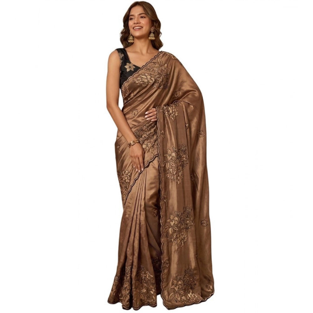 Women's Viscose Silk Embroidered Saree With Unstitched Blouse 5.5 Mtr (Brown)