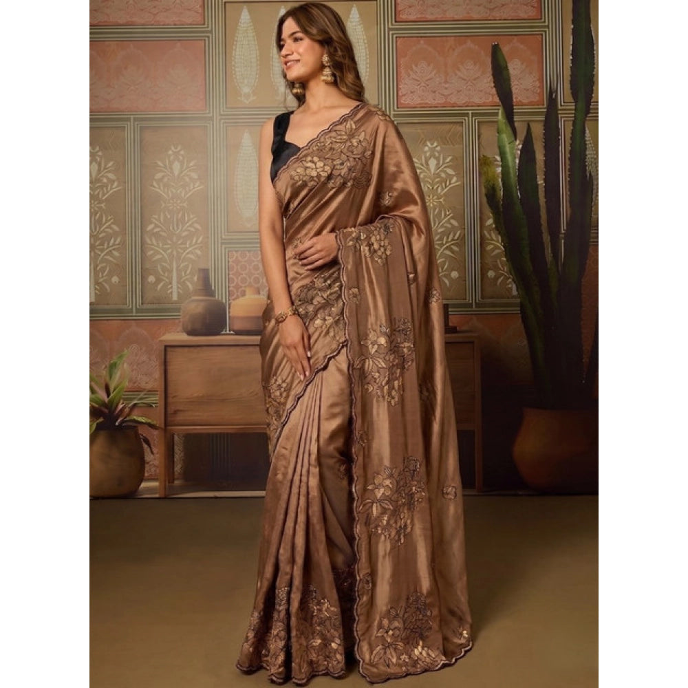 Women's Viscose Silk Embroidered Saree With Unstitched Blouse 5.5 Mtr (Brown)
