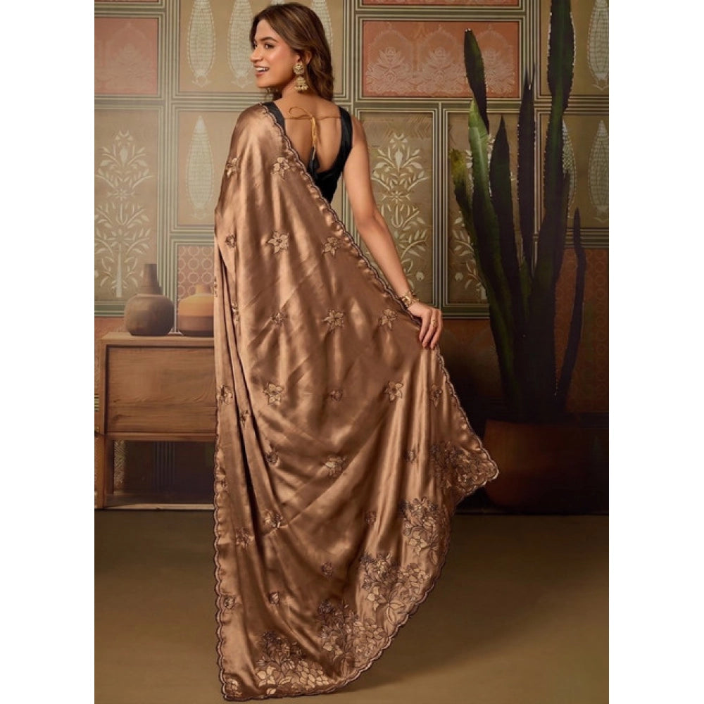Women's Viscose Silk Embroidered Saree With Unstitched Blouse 5.5 Mtr (Brown)