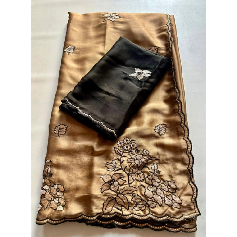 Women's Viscose Silk Embroidered Saree With Unstitched Blouse 5.5 Mtr (Brown)