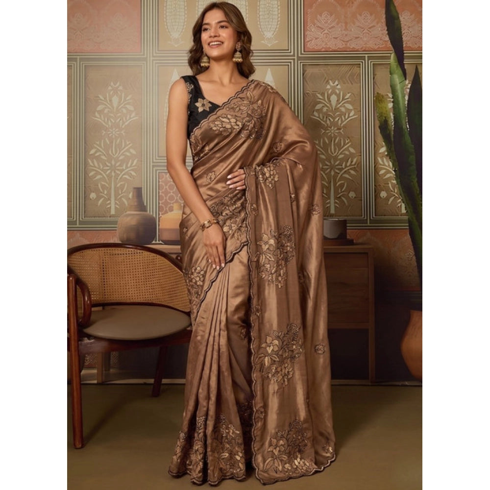 Women's Viscose Silk Embroidered Saree With Unstitched Blouse 5.5 Mtr (Brown)