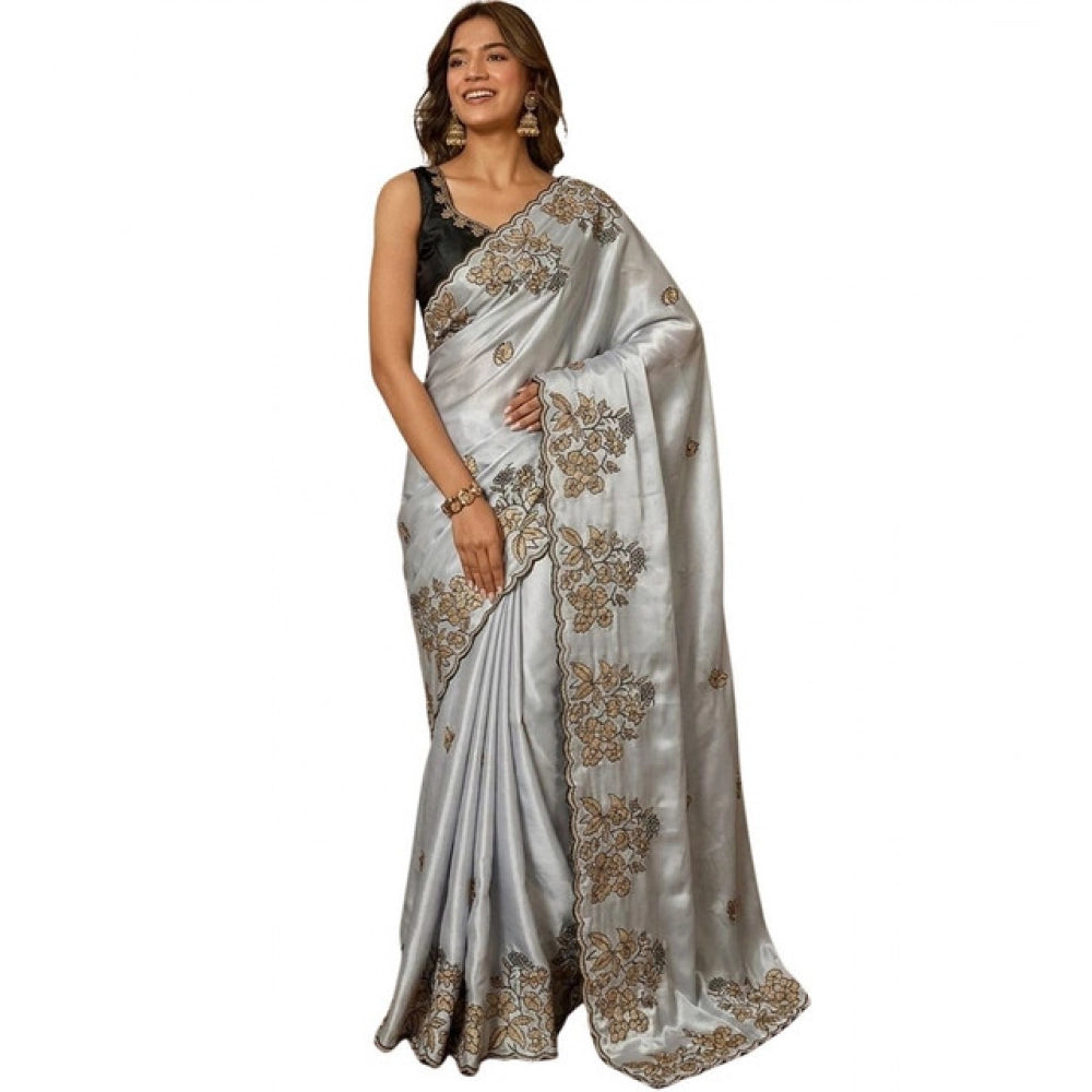 Women's Viscose Silk Embroidered Saree With Unstitched Blouse 5.5 Mtr (Grey)