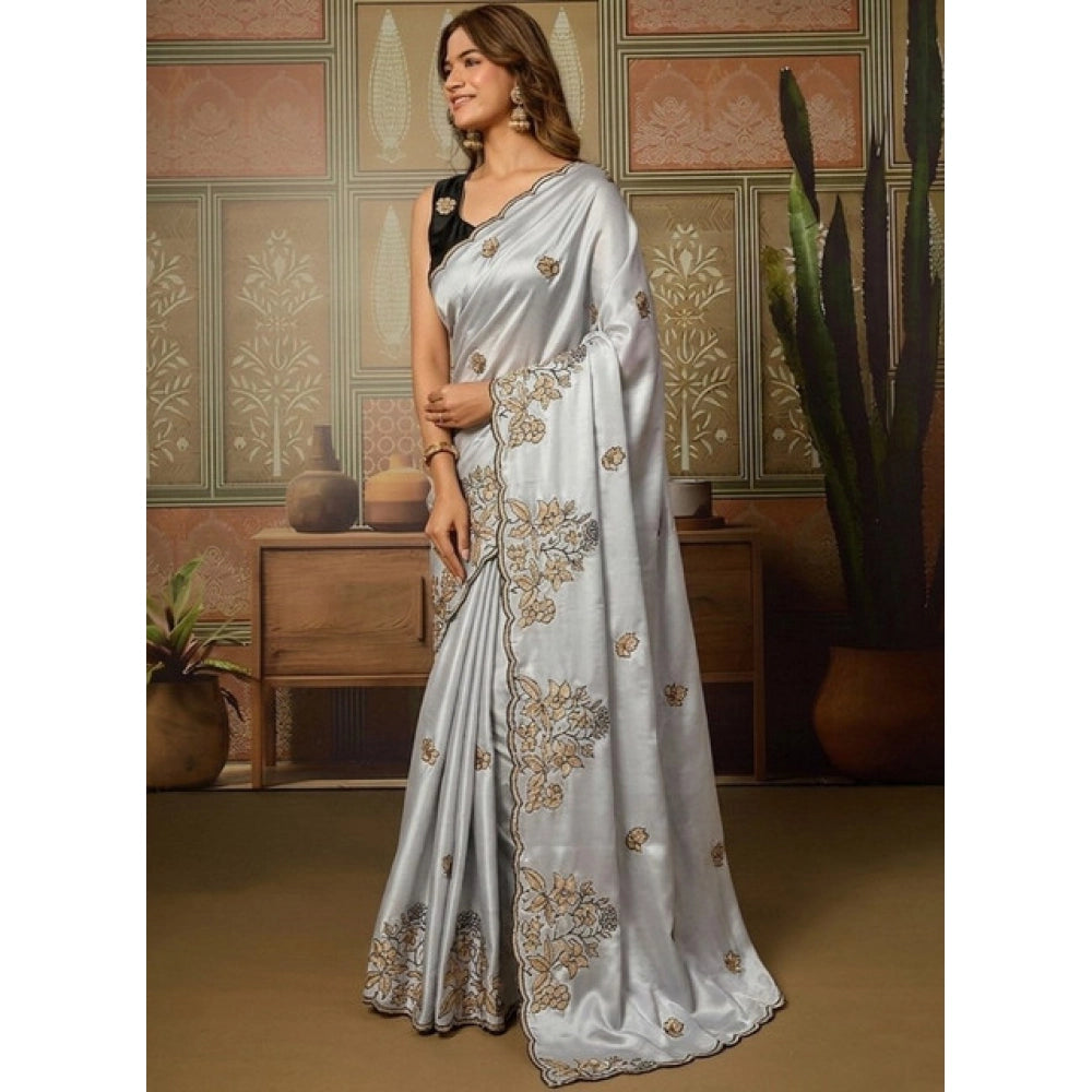 Women's Viscose Silk Embroidered Saree With Unstitched Blouse 5.5 Mtr (Grey)