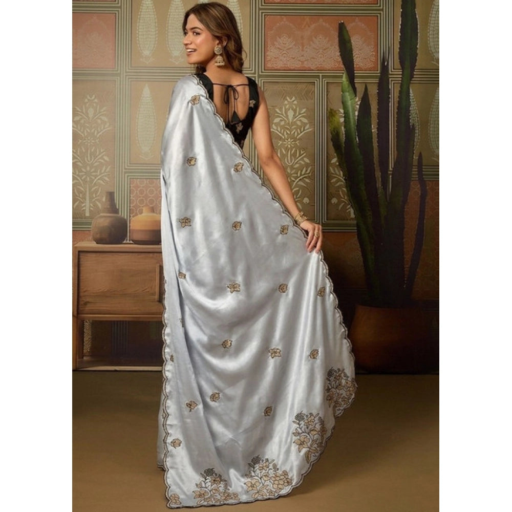 Women's Viscose Silk Embroidered Saree With Unstitched Blouse 5.5 Mtr (Grey)