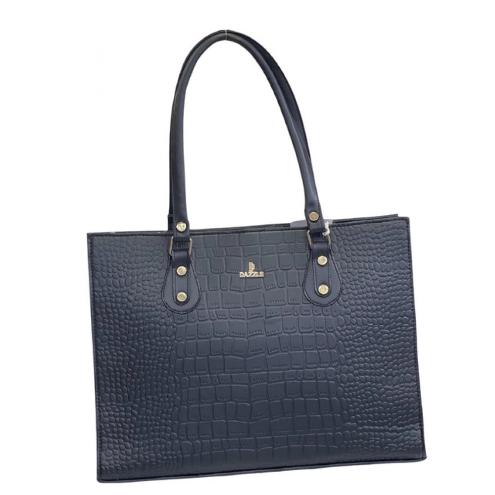Women's Polyurethane Croco Shoulder Tote Bag (Black) - POPNOVA