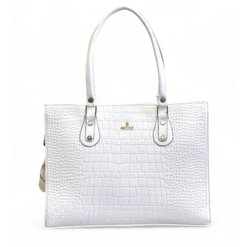 Women's Polyurethane Croco Shoulder Tote Bag (White) - POPNOVA