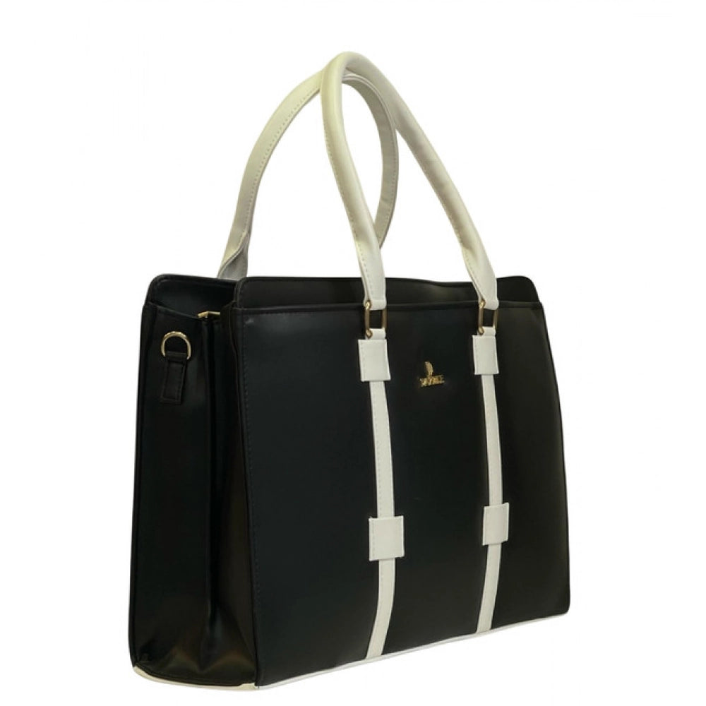 Women's Polyurethane Solid Structured Shoulder Tote Handbag (Black-Cream) - POPNOVA