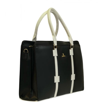 Women's Polyurethane Solid Structured Shoulder Tote Handbag (Black-Cream) - POPNOVA