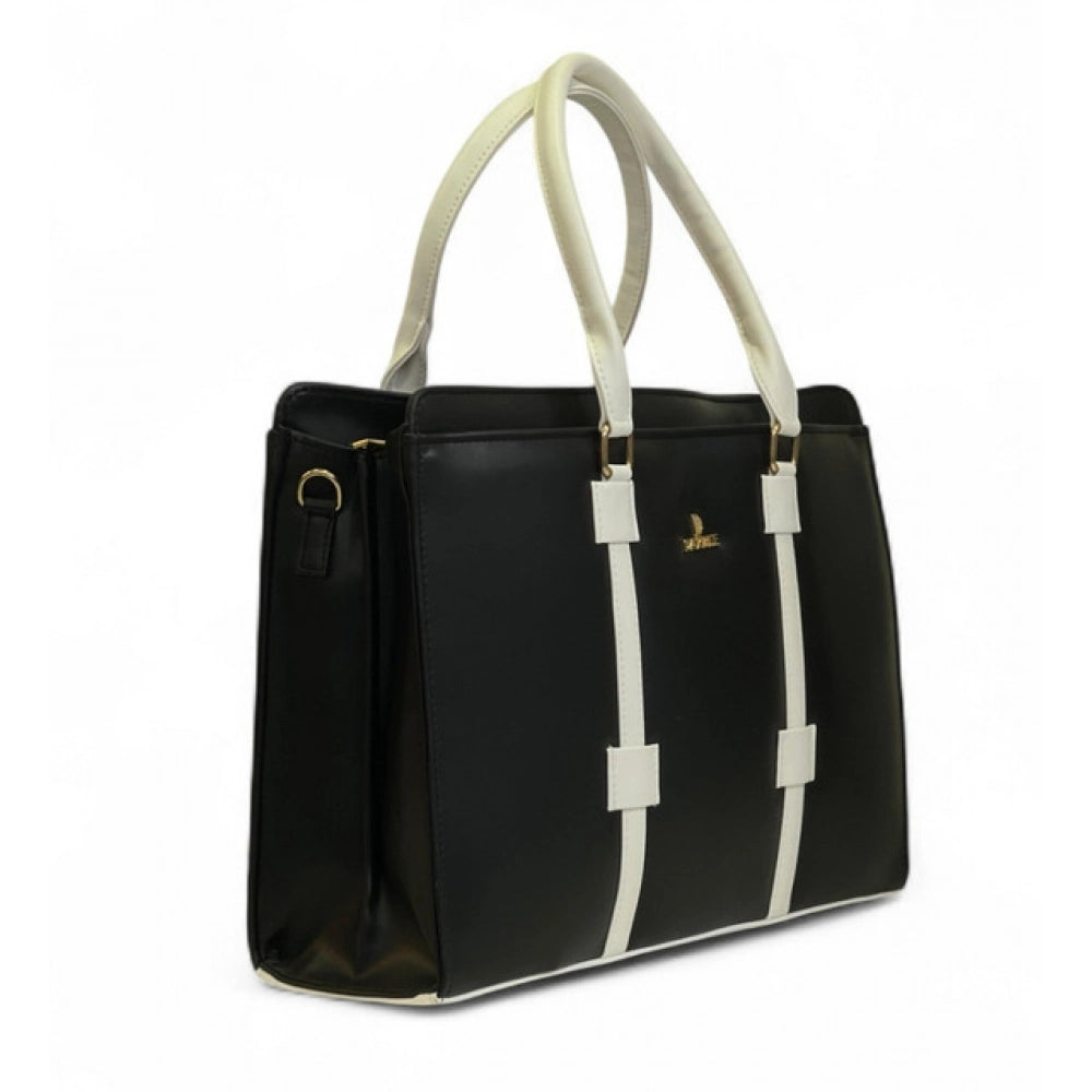 Women's Polyurethane Solid Structured Shoulder Tote Handbag (Black-Cream) - POPNOVA