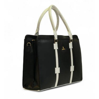 Women's Polyurethane Solid Structured Shoulder Tote Handbag (Black-Cream) - POPNOVA