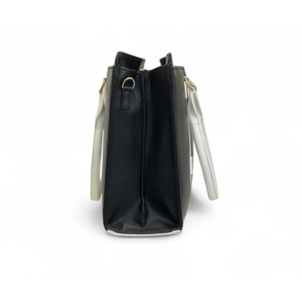 Women's Polyurethane Solid Structured Shoulder Tote Handbag (Black-Cream) - POPNOVA