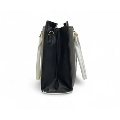 Women's Polyurethane Solid Structured Shoulder Tote Handbag (Black-Cream) - POPNOVA