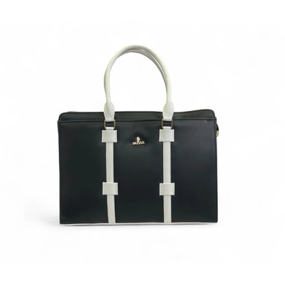 Women's Polyurethane Solid Structured Shoulder Tote Handbag (Black-Cream) - POPNOVA