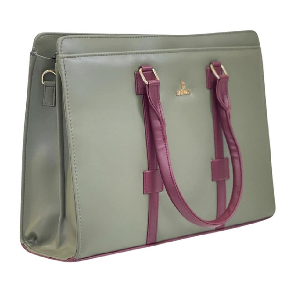 Women's Polyurethane Solid Structured Shoulder Tote Handbag (Sage Green-Burgundy) - POPNOVA