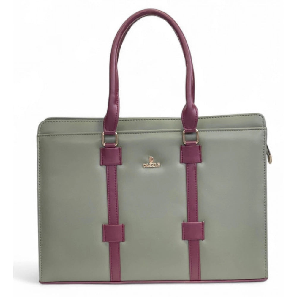 Women's Polyurethane Solid Structured Shoulder Tote Handbag (Sage Green-Burgundy) - POPNOVA