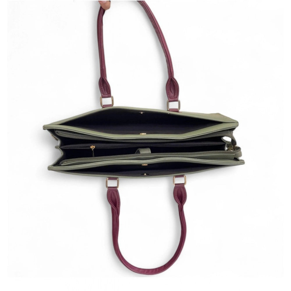 Women's Polyurethane Solid Structured Shoulder Tote Handbag (Sage Green-Burgundy) - POPNOVA