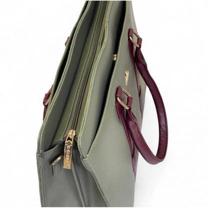 Women's Polyurethane Solid Structured Shoulder Tote Handbag (Sage Green-Burgundy) - POPNOVA