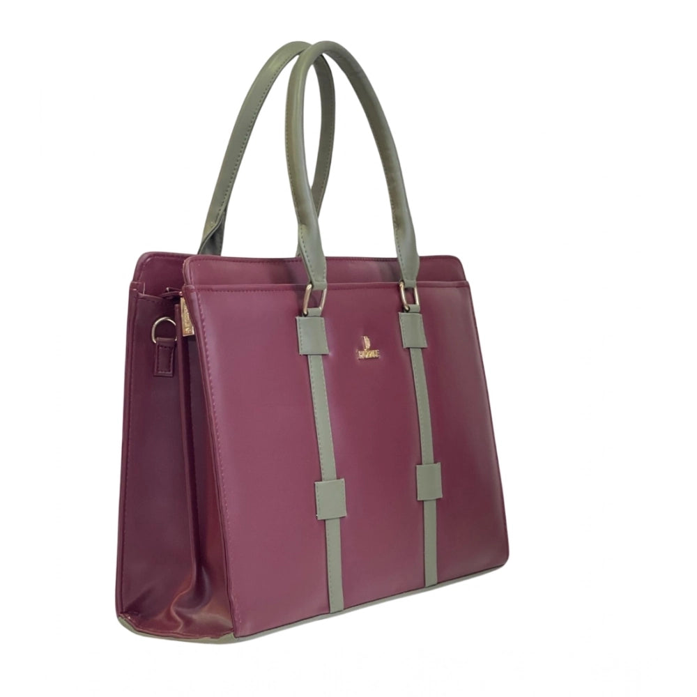 Women's Polyurethane Solid Structured Shoulder Tote Handbag (Burgundy-Gray) - POPNOVA