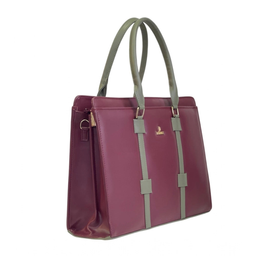 Women's Polyurethane Solid Structured Shoulder Tote Handbag (Burgundy-Gray) - POPNOVA