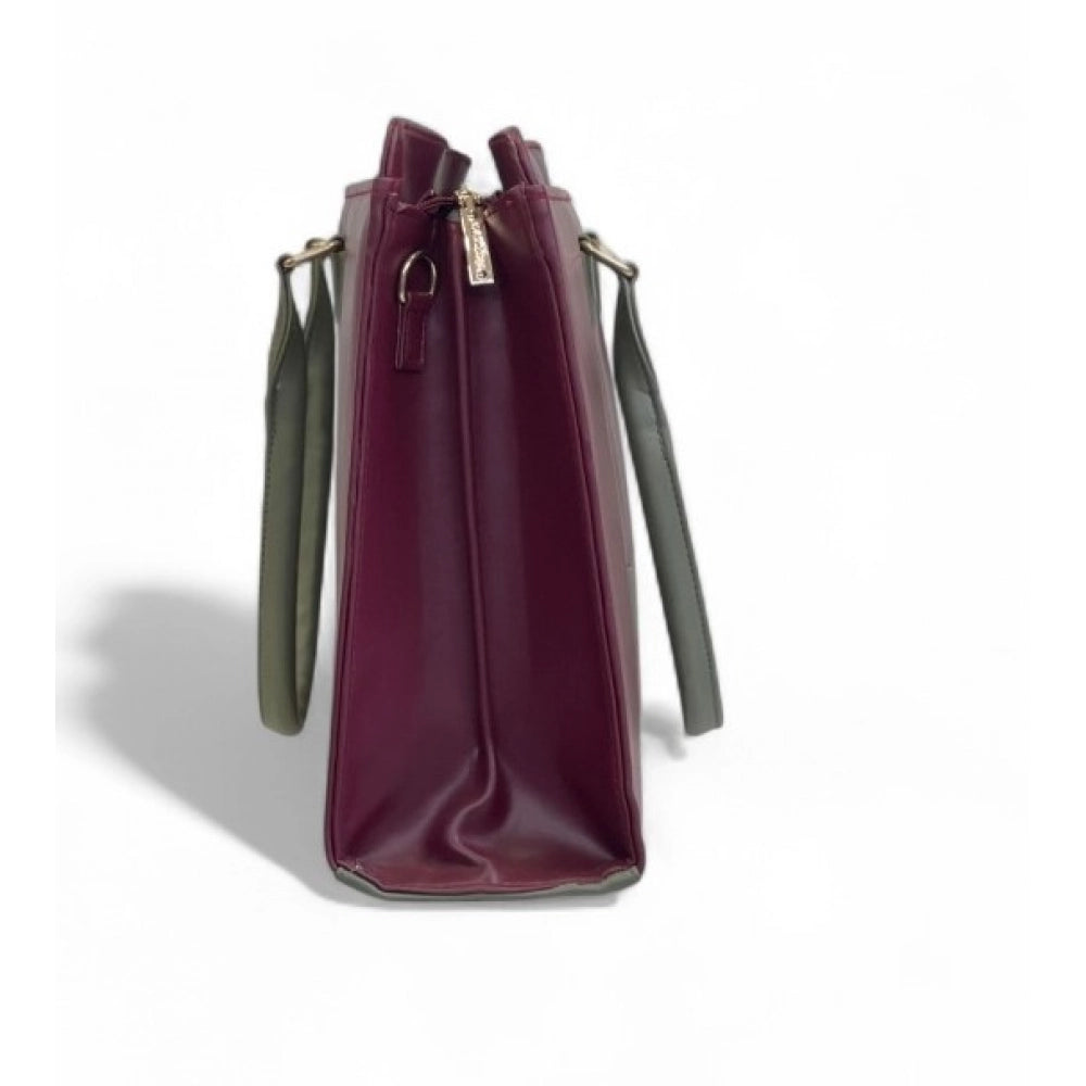 Women's Polyurethane Solid Structured Shoulder Tote Handbag (Burgundy-Gray) - POPNOVA