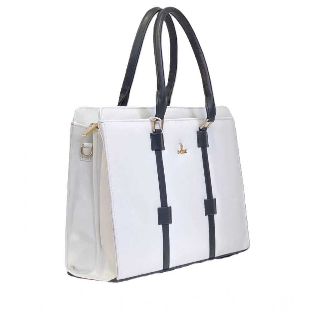 Women's Polyurethane Solid Structured Shoulder Tote Handbag (Cream-Navy Blue) - POPNOVA