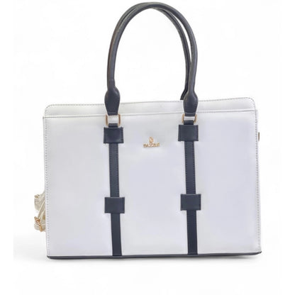 Women's Polyurethane Solid Structured Shoulder Tote Handbag (Cream-Navy Blue) - POPNOVA
