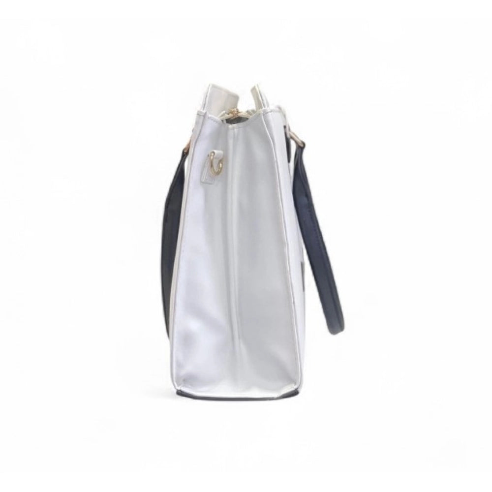 Women's Polyurethane Solid Structured Shoulder Tote Handbag (Cream-Navy Blue) - POPNOVA