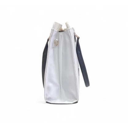 Women's Polyurethane Solid Structured Shoulder Tote Handbag (Cream-Navy Blue) - POPNOVA