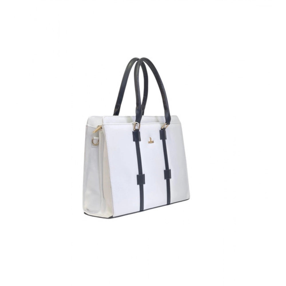 Women's Polyurethane Solid Structured Shoulder Tote Handbag (Cream-Navy Blue) - POPNOVA