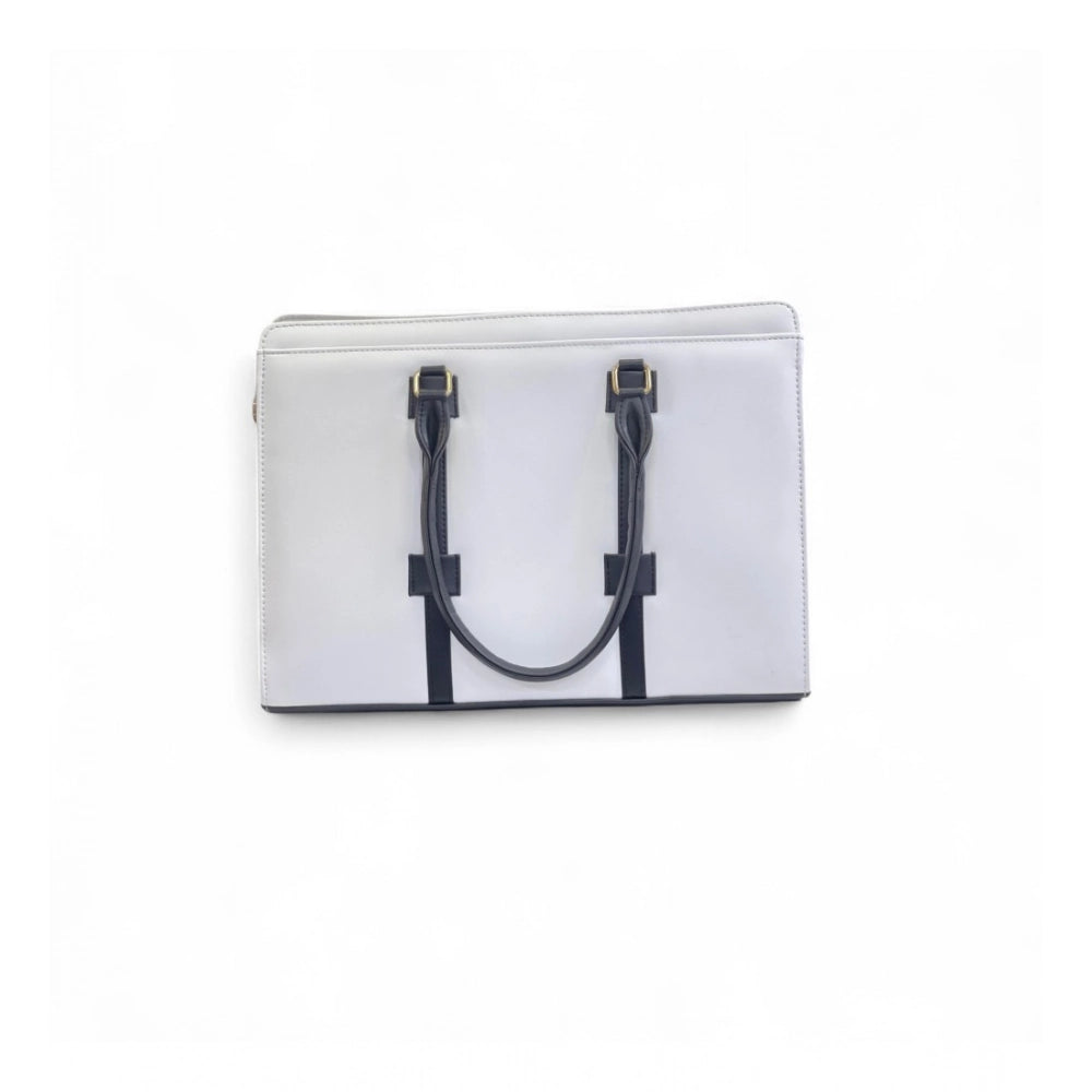 Women's Polyurethane Solid Structured Shoulder Tote Handbag (Cream-Navy Blue) - POPNOVA