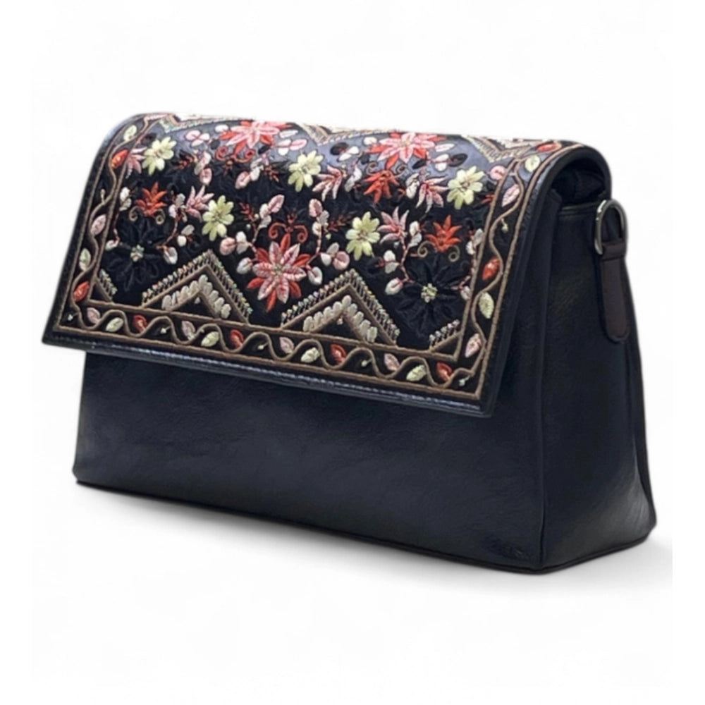 Women's Polyurethane Floral Embroidered Crossbody Sling Bag with Adjustable & Removable Strap (Black) - POPNOVA