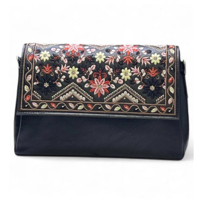 Women's Polyurethane Floral Embroidered Crossbody Sling Bag with Adjustable & Removable Strap (Black) - POPNOVA